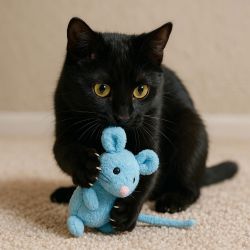 cat with blue toy mouse