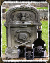headstone with skull and crossbones