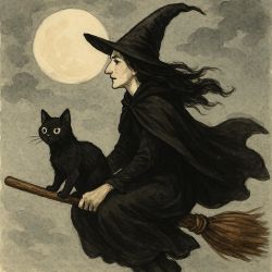 black cat ring on broom with witch