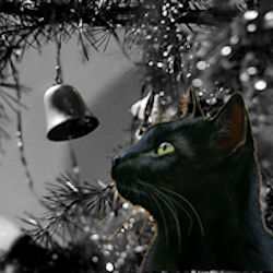 cat looking at bell in Christmas tree
