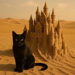cat with sand castle