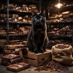 cat in storage unit filled with chocolate