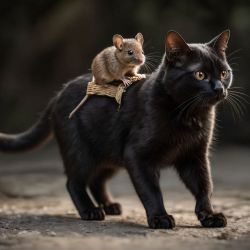 mouse riding on cat's back