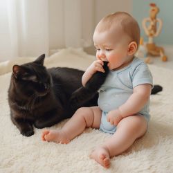 baby biting cat's tail