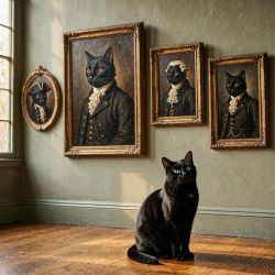 cat with ancestors' paintings
