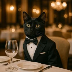 cat wearing tux in restaurant