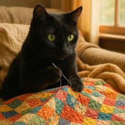 cat sewing quilt