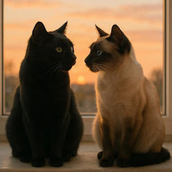 black cat and Siamese