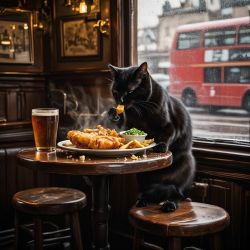 cat eating fish and chips in London pub