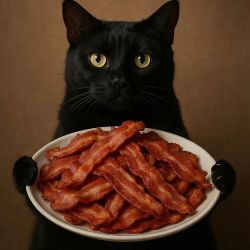 cat holding tray of bacon