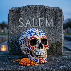 painted skull on grave with SALEM headstone