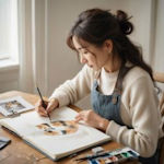 woman drawing a calico cat
