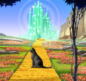 cat on Yellow Brick Road with Emerald City in distance